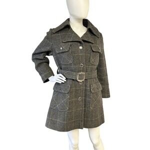 Vintage 1960s Mod Plaid Belted Trench Coat Women's Gray Wool Plaid Tweed Jacket